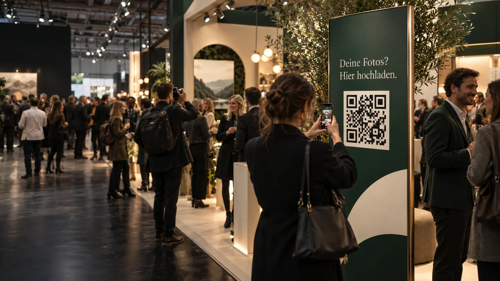 Bezoekers maken foto’s bij een uitnodigende QR-stand op een beurs