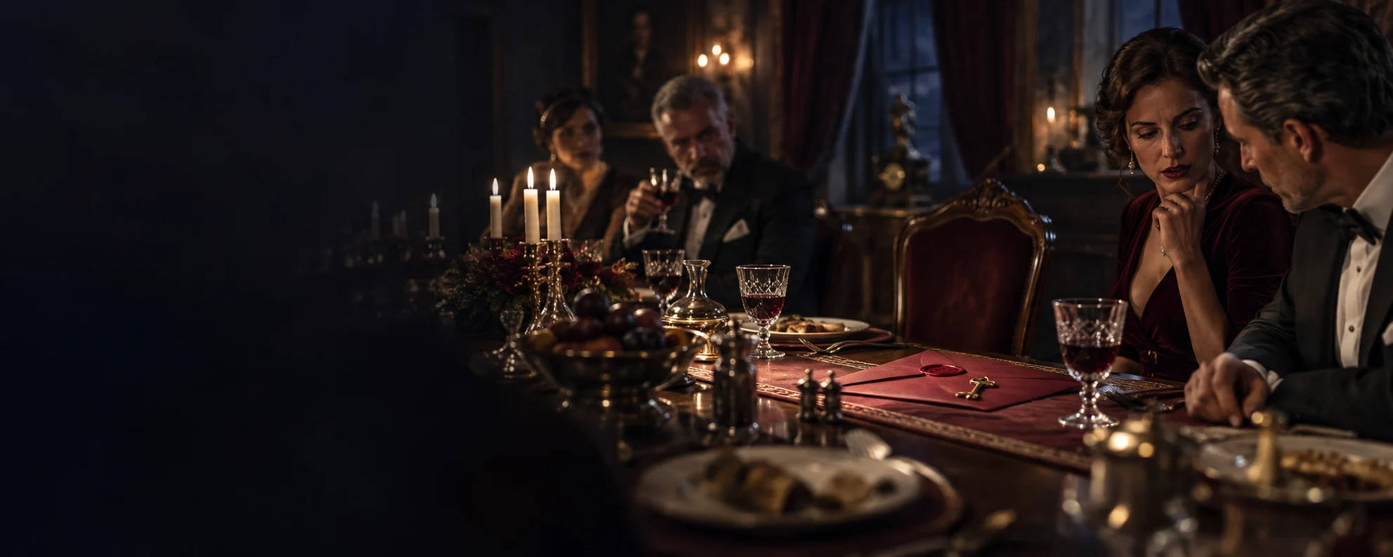 Gäste beim Krimidinner mit versiegeltem Hinweis